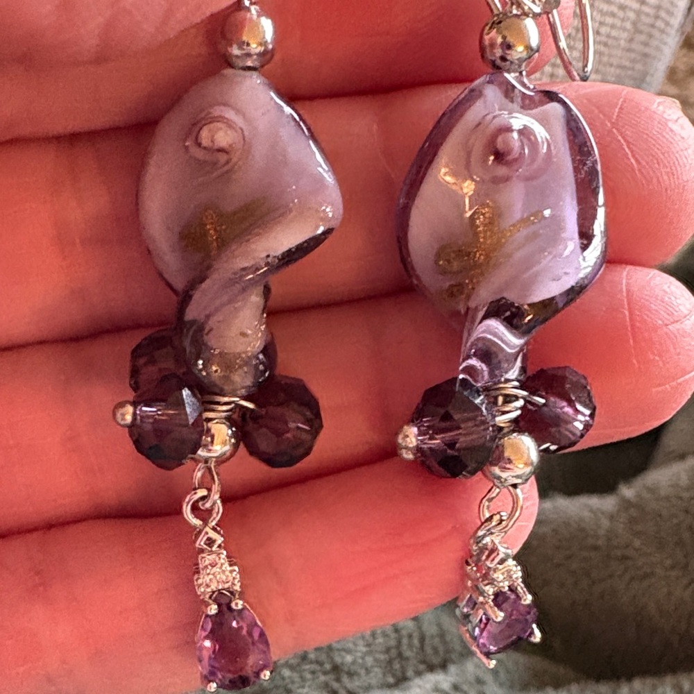 Hand Crafted Purple Glass Earrings - Picture 2 of 2